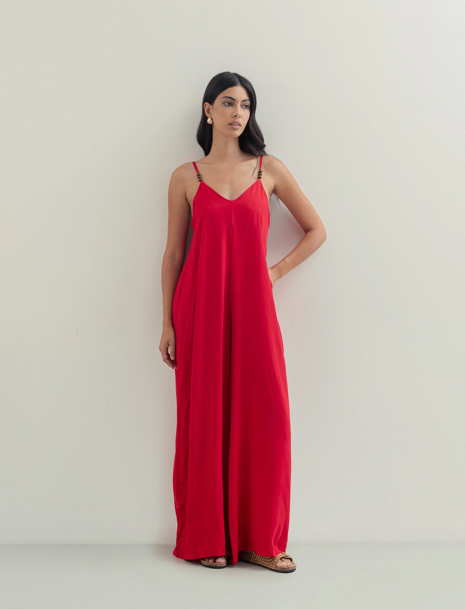 Vestito lungo in viscosa con bretelle - Rosso