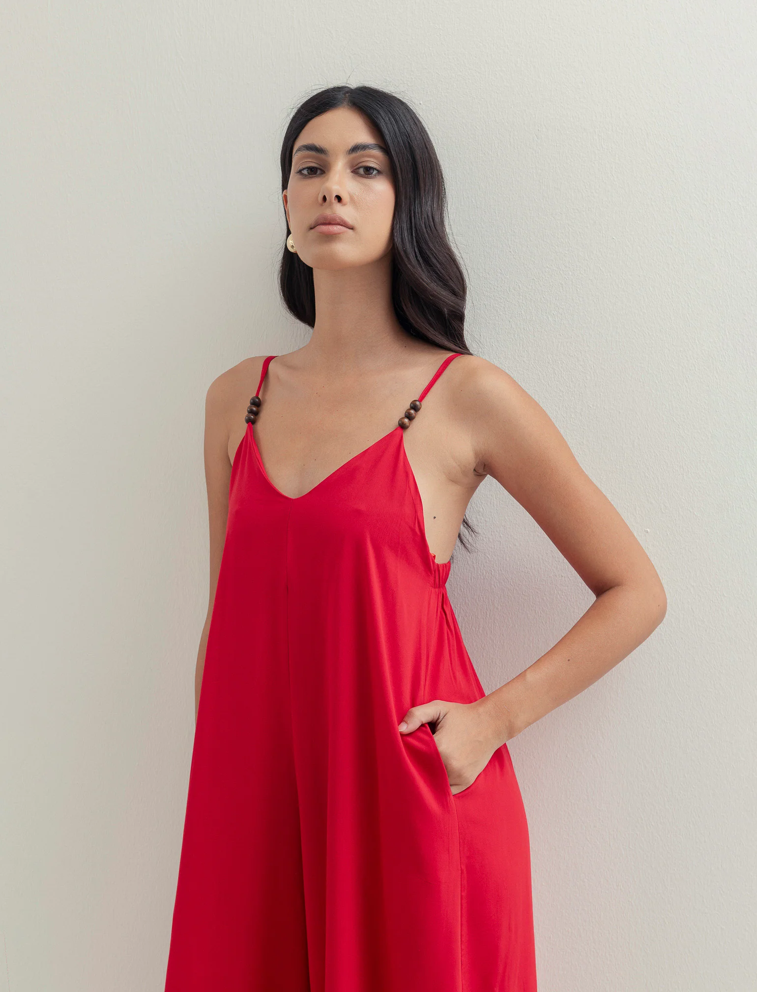 Vestito lungo in viscosa con bretelle - Rosso - Image 2