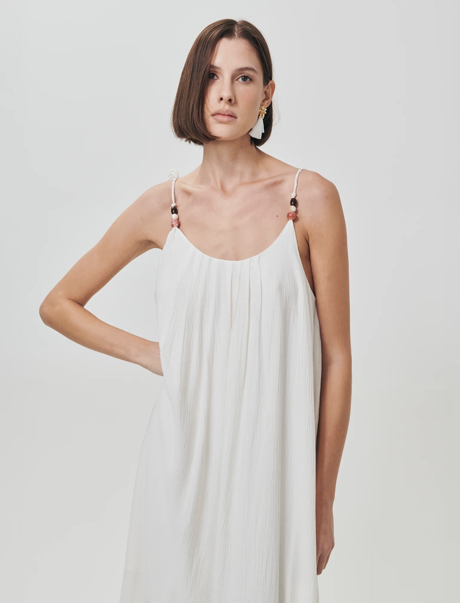 Vestito lungo leggero con pieghe e fiocco - Avorio