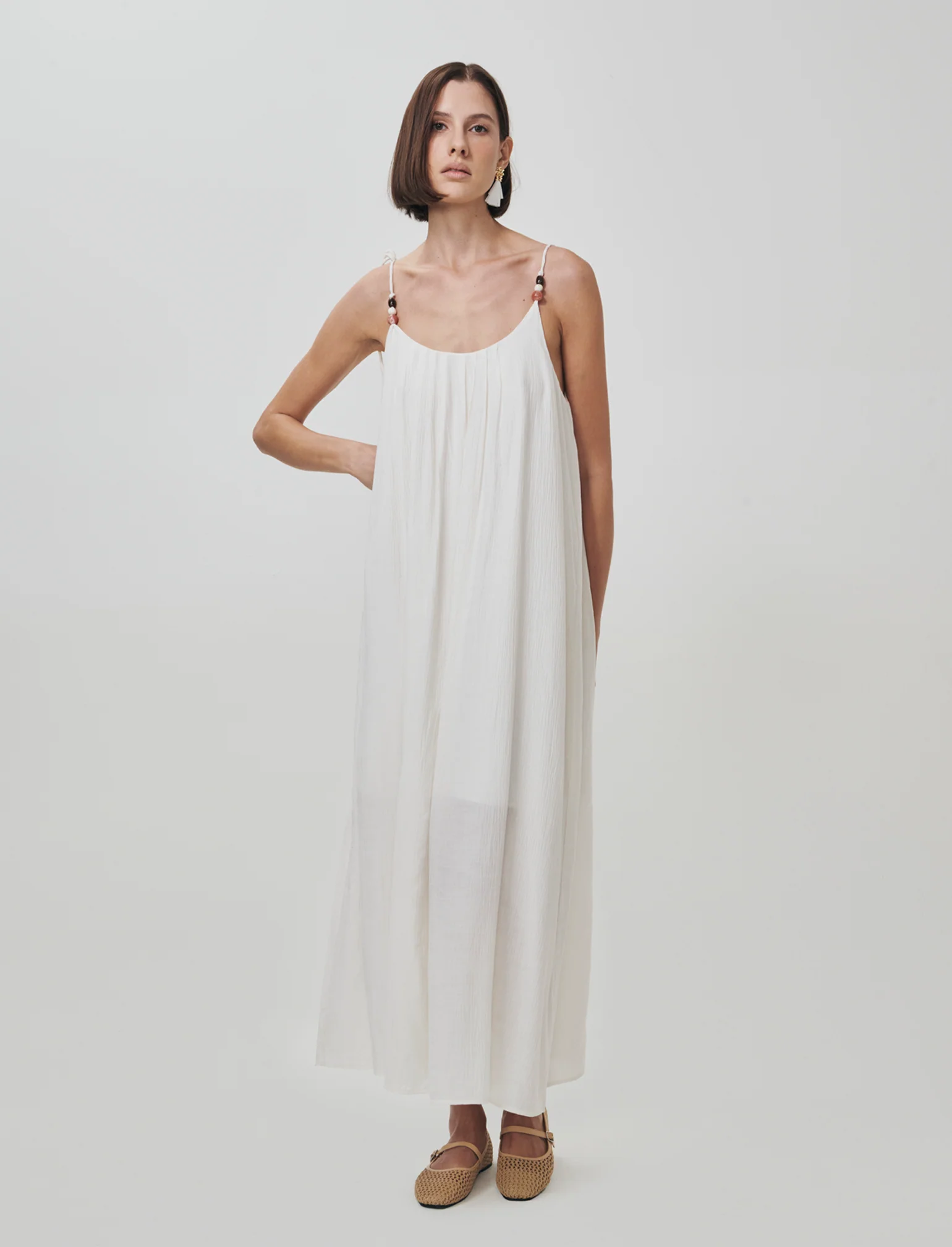Vestito lungo leggero con pieghe e fiocco - Avorio - Image 3