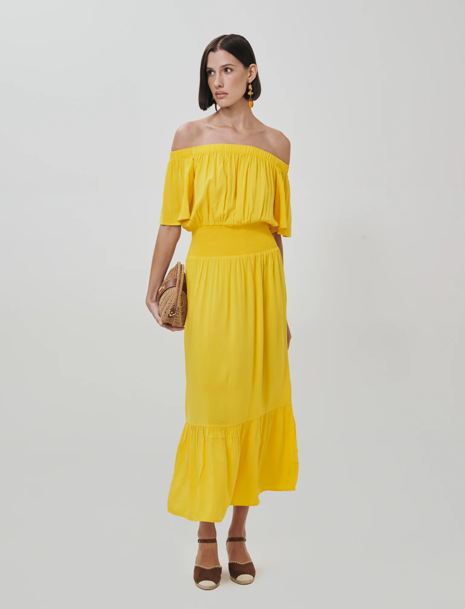 Vestito lungo off shoulder con arricciature - Giallo limone - Image 3