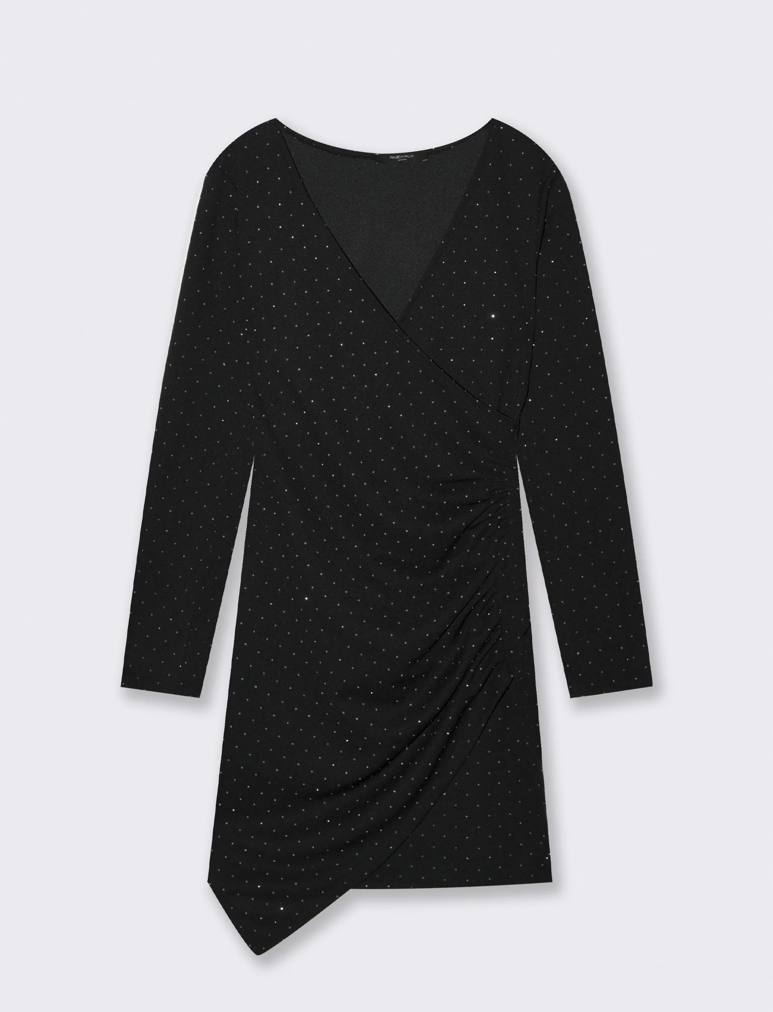 Vestito manica lunga, scollo a V, in tessuto con strass - Nero