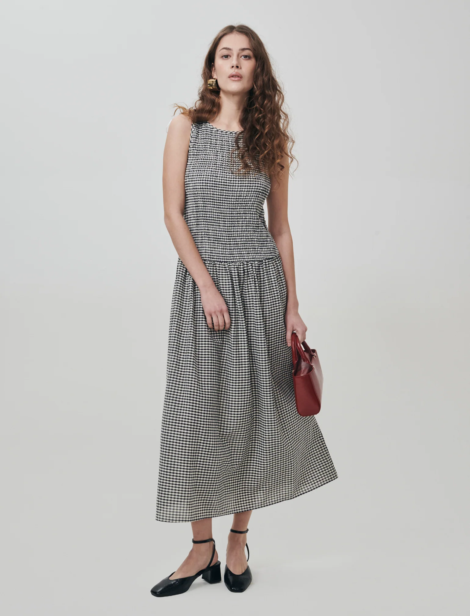 Vestito Smanicato in Stampa Vichy - Nero - Image 2