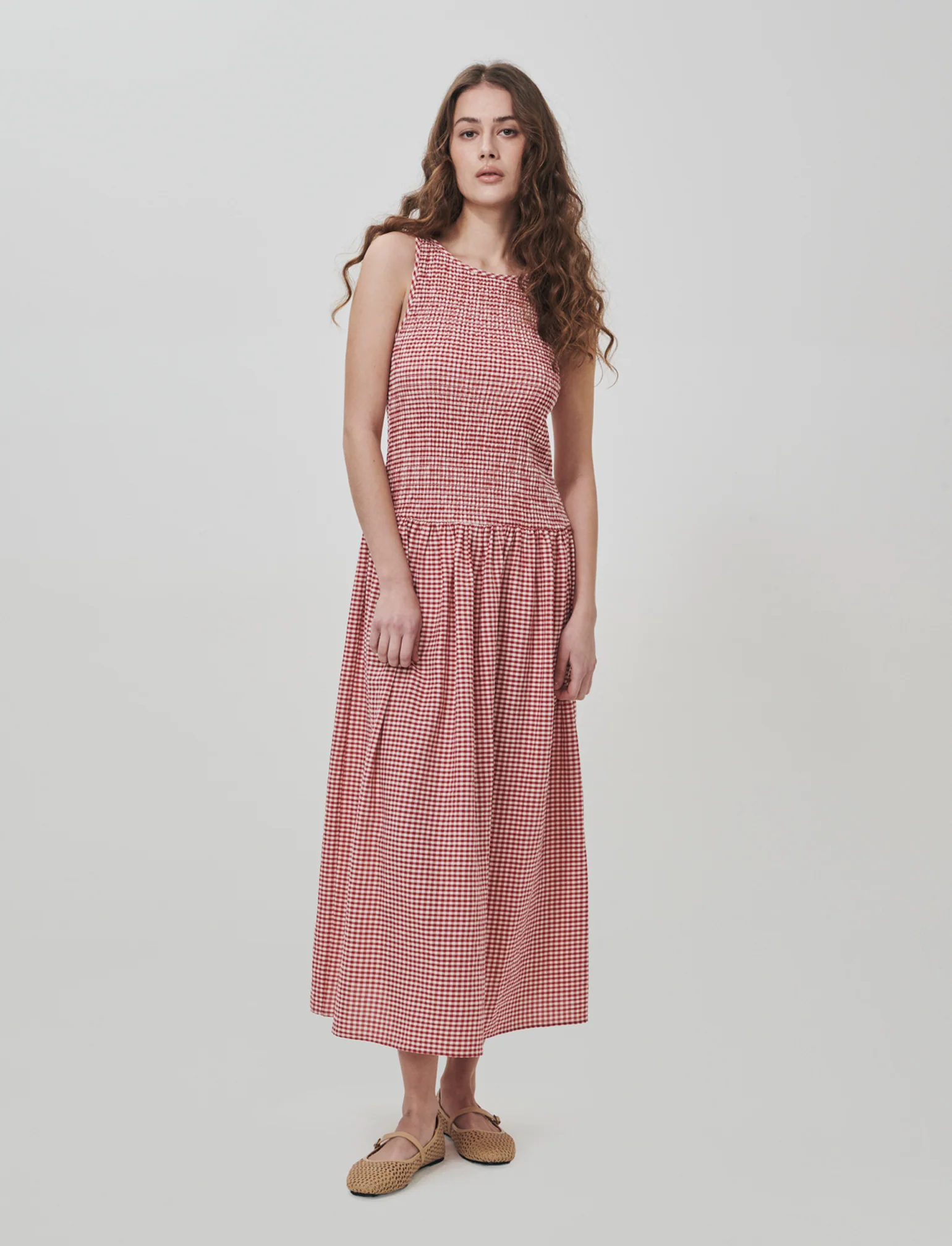 Vestito Smanicato in Stampa Vichy - Rosso - Image 3