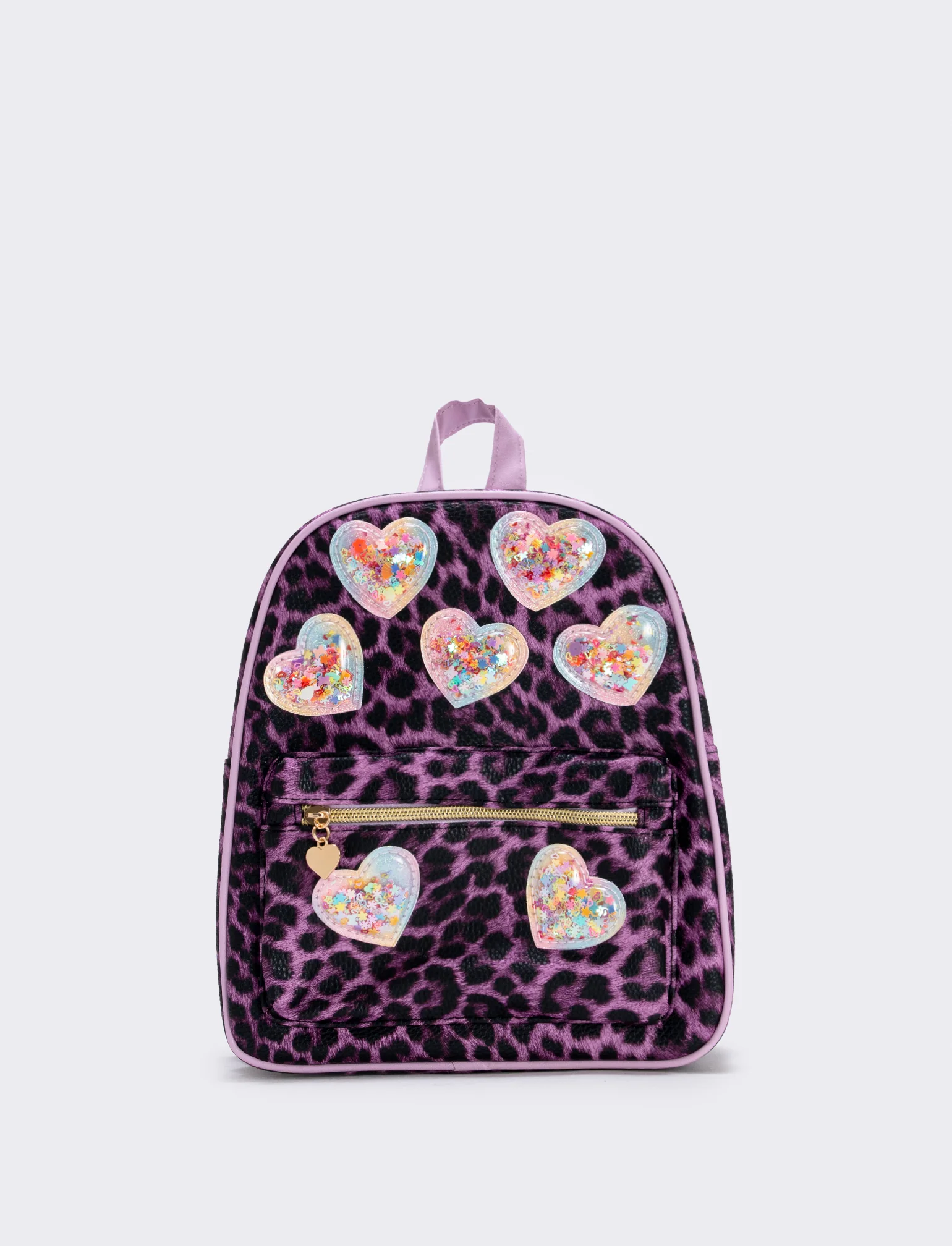 Zainetto leopardato con cuori glitterati - Lilla